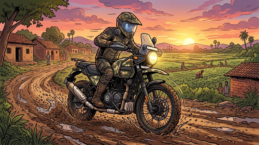 Cartoon of a small adventure motorcycle on a muddy village trail