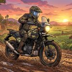 Cartoon of a small adventure motorcycle on a muddy village trail