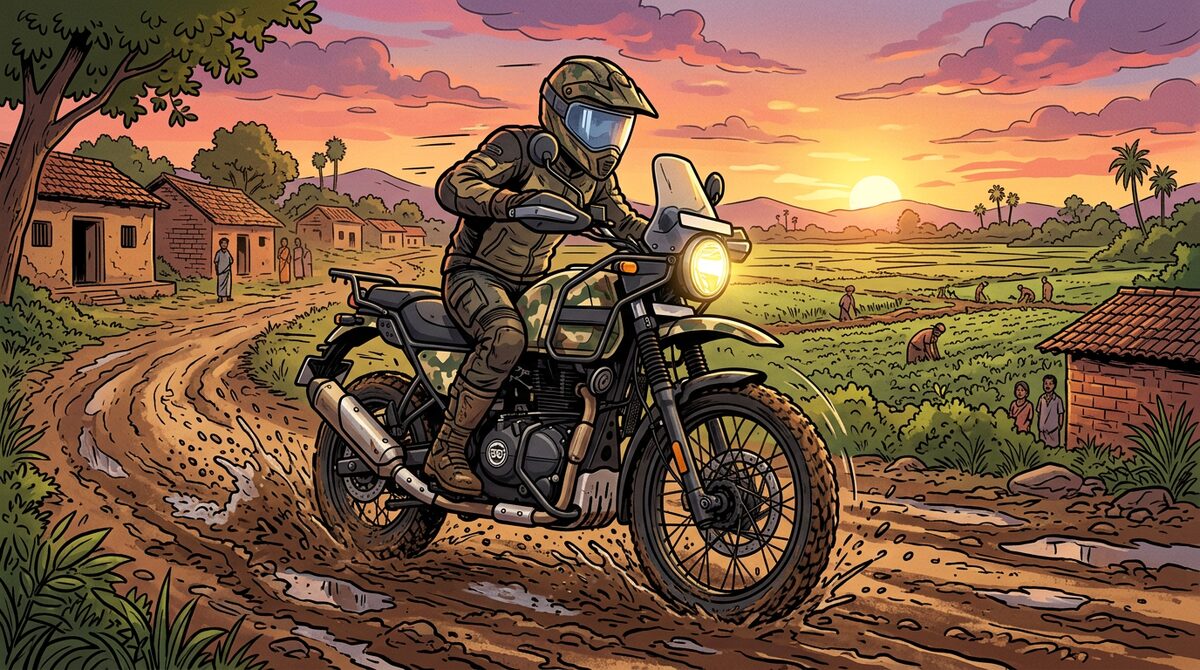 Cartoon of a small adventure motorcycle on a muddy village trail