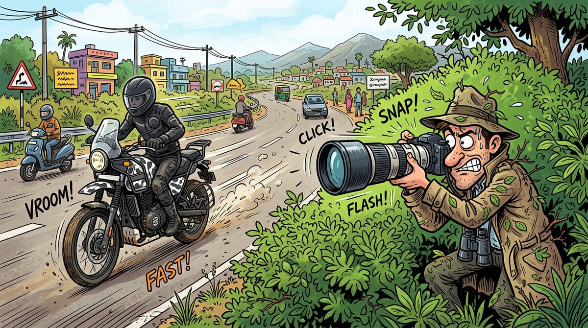Cartoon of a spy photographer clicking a test motorcycle on a highway
