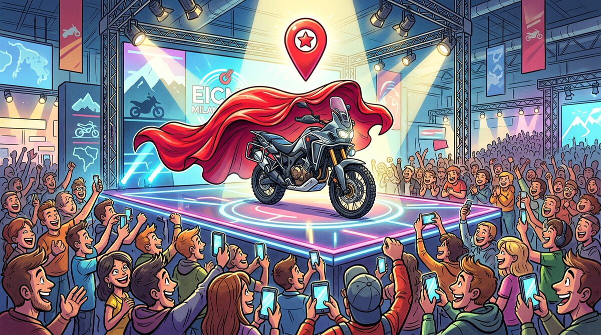 Cartoon of an adventure motorcycle being unveiled on stage at a motorcycle show